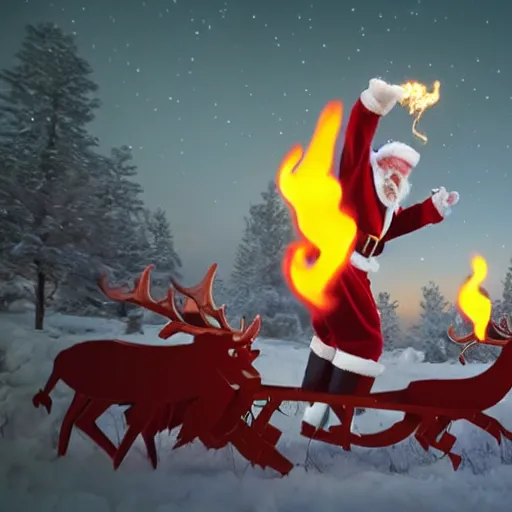 Prompt: evil santa claus rides his fiery chariot through the night sky being led by demonic reindeer