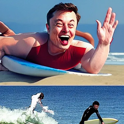 Image similar to surfing elon musk as mr. bean as the joker from batman, surfing still from batman vs bean at the beach, 2 0 2 0