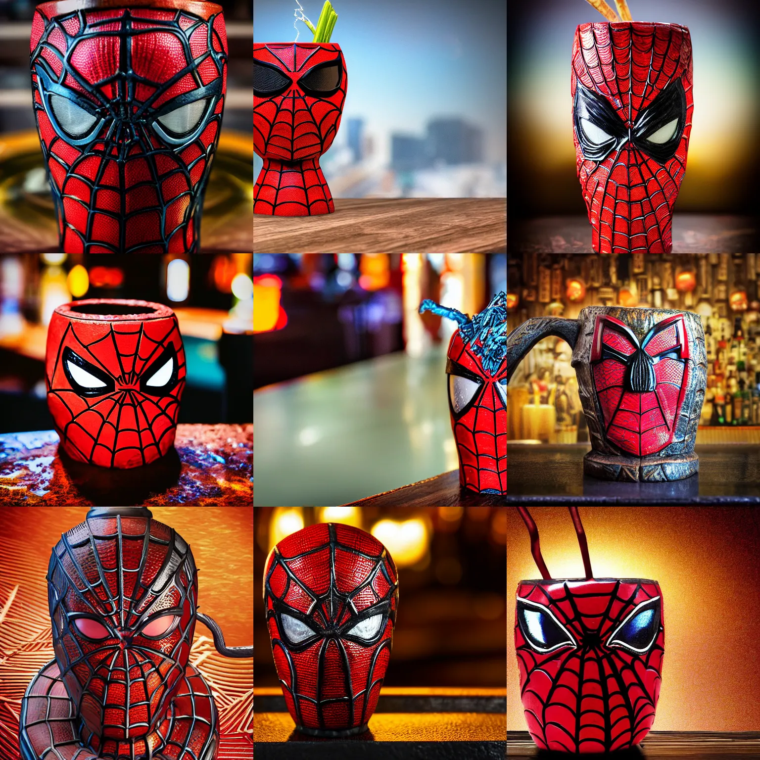 Prompt: a closeup photorealistic capture of spider man style tiki mug on a trader vic's bar featuring the face of spider man. tiki theme. bright scene. fine detail. this 4 k hd image is trending on artstation, featured on behance, well - rendered, extra crisp, features intricate detail, epic composition and the style of unreal engine.