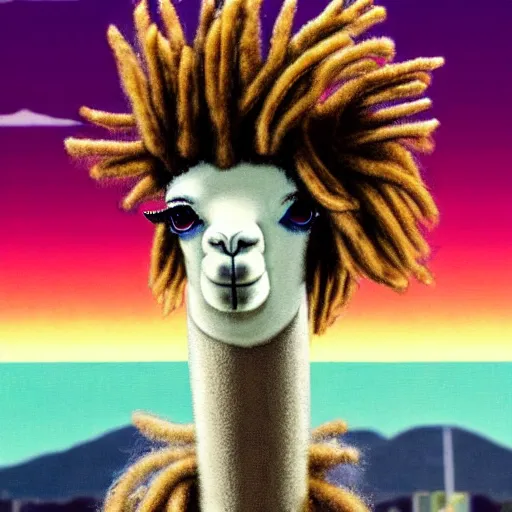 Prompt: llama with dreadlocks, heroic pose, by Katsuhiro Otomo, 4k, with beautiful colors