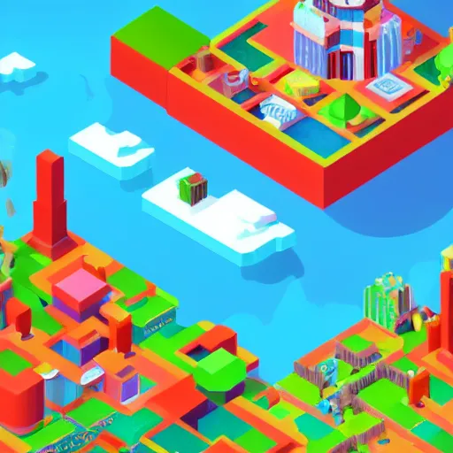 Image similar to an isometric colorful videogame world, epic mountains, azure ocean in the background, blocks