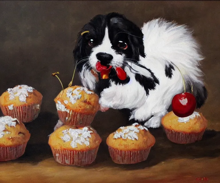 Image similar to white and black japanese chin dog eating cherry muffins, oil painting