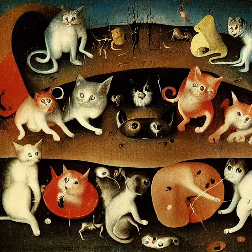 Prompt: hieronymus bosch, cats, thousand cats, 4k