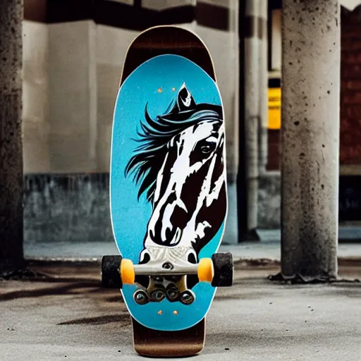 Prompt: a horse doing a kickflip on a skateboard while wearing sick 90's cool kid clothing