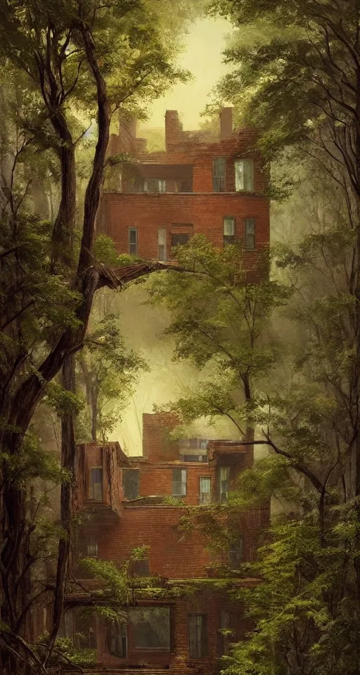 Image similar to (((((a ramshackle manhattan brick brownstone deep in the forest, completely overgrown))))) by Max Maximov!!!!!!!!!!!!!!!!!!!!!!!!!!!