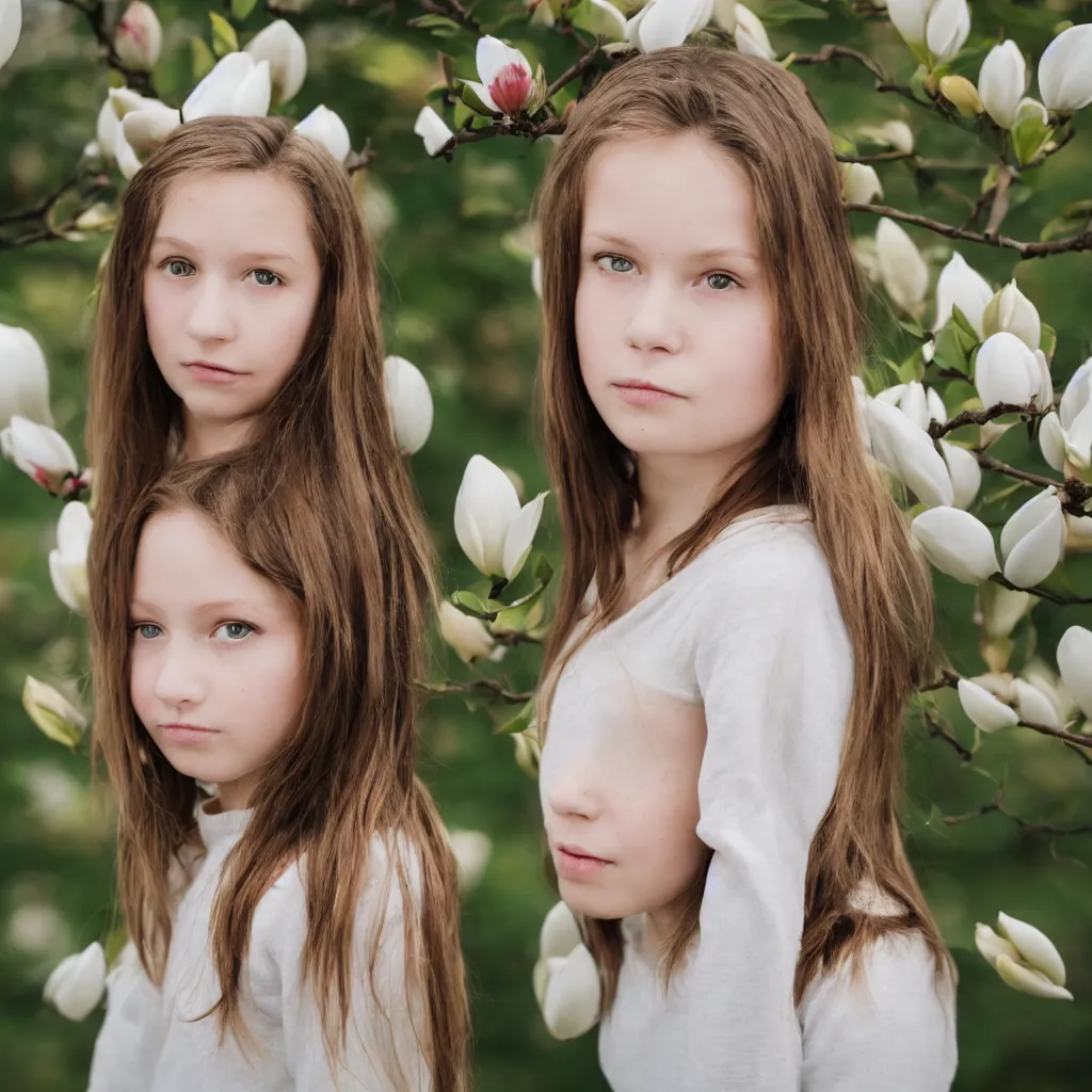 Image similar to a girl portrait with a magnolia near the face, 8 5 mm lens, bokeh