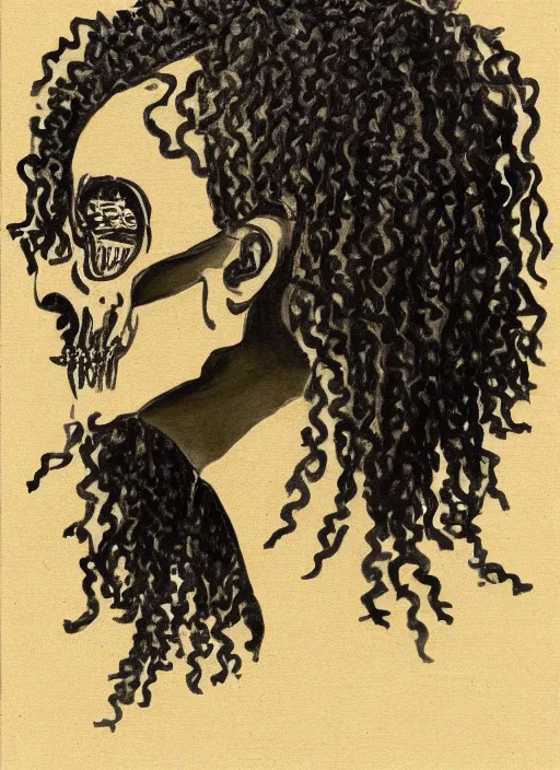 Prompt: a black man's face with long curly hair in profile, made of skeleton leafs, in the style of the Dutch masters and Gregory Crewdson, dark and moody