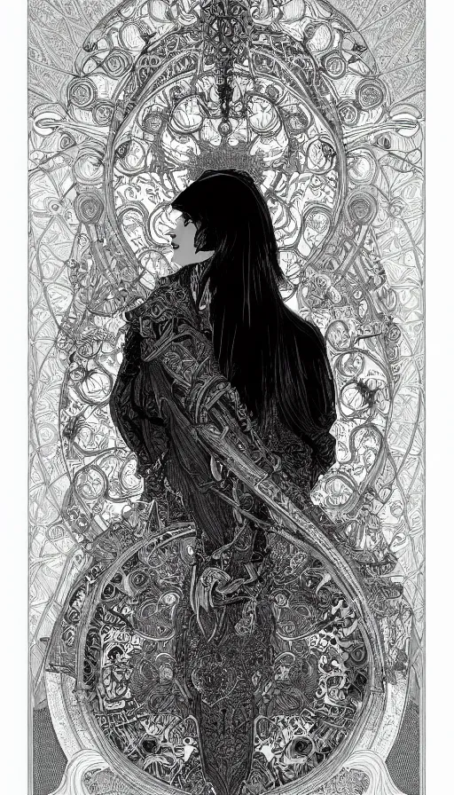 Image similar to a black and white ink fine ink drawing of athief, from of thrones, fibonacci, sweat drops, intricate fashion clothing, insane, intricate, highly detailed, surrealistic, digital painting, artstation, concept art, smooth, sharp focus, illustration, unreal engine 5, 8 k, art by alphonse mucha and travis charest