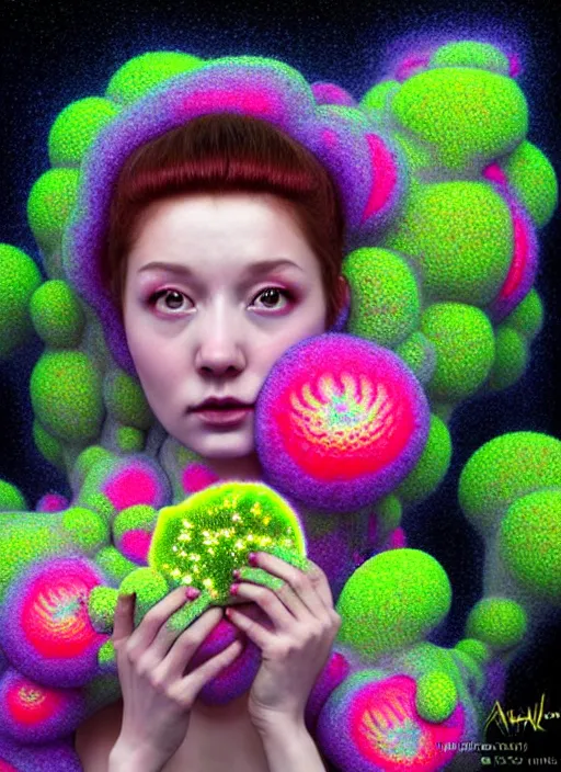 Image similar to hyper detailed 3d render like a Oil painting - kawaii portrait Aurora (Singer) seen Eating of the Strangling network of yellowcake aerochrome and milky Fruit and Her delicate Hands hold of gossamer polyp blossoms bring iridescent fungal flowers whose spores black the foolish stars by Jacek Yerka, Mariusz Lewandowski, Houdini algorithmic generative render, Abstract brush strokes, Masterpiece, Edward Hopper and James Gilleard, Zdzislaw Beksinski, Mark Ryden, Wolfgang Lettl, hints of Yayoi Kasuma, octane render, 8k