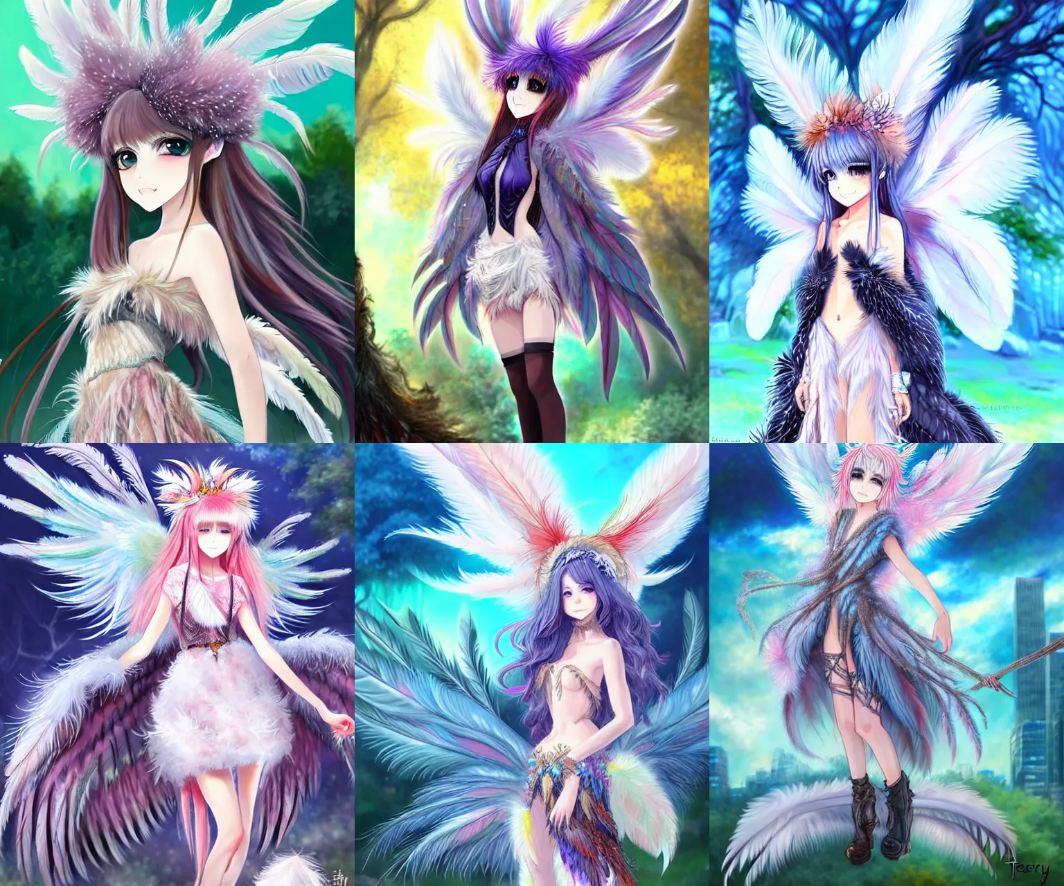 Prompt: a cute chibi harpy completely covered in feathers and wearing a full outfit made of feathers is standing in anime scenery central park new york. trending on pixiv. trending on artstation. a vibrant digital oil painting. a highly detailed drawing of a character portrait by terese nielsen and edvard gurney guay