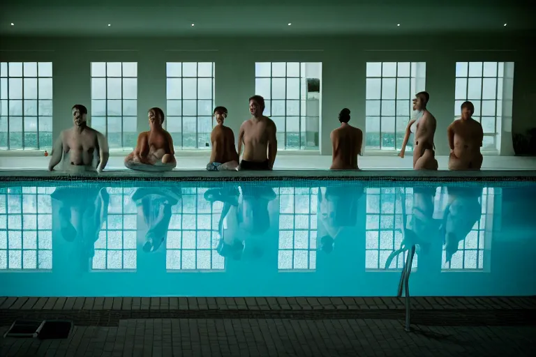 Prompt: portrait at an indoor swimming pool, photography by gregory crewdson, cinematic, elegant, real dlsr photography, sharp focus, 4 k, ultra hd, sense of awe