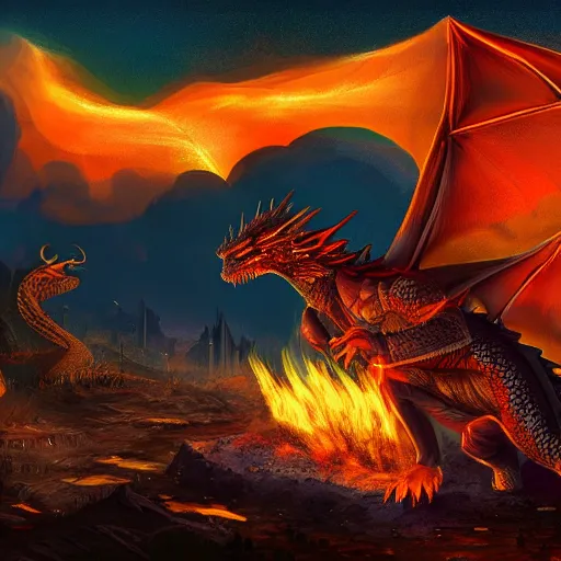 Prompt: Dragon spits fire on a man, burning village in background, plumes of smoke in background, at night, digital painting, highly-detailed