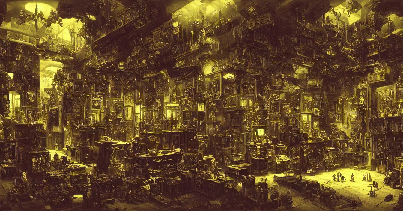 Prompt: Wide view of a room interior of strange hardware geek from far future, full of various electronic hardware components, devices and instruments, incredible sharp detail, back light contrast, dramatic dark atmosphere, bright vivid colours, reclections, metal speculars, painted by Asher Brown Durand , Gustave Dore, George Inness, Martin Johnson Heade