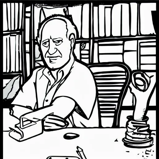 Prompt: werner herzog sits in the waiting area at the dmv holding bolt cutters. childrens coloring book, hanna barbera, black and white, coloring pages