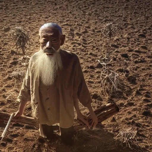 Prompt: full body shot of floating old asian man with long beard, his head covered in roots, full face occult silver mask, glowing eyes, wearing a large carved wooden fractal stick, smoke around him, in the burning soil desert, cinematic shot, wide angle, desert background, dry volumetric lighting by Denis Villeneuve, Lubezki, Gaspar Noe Christopher Doyle and Alejandro Jodorowsky, anamorphic lens, anamorphic lens flares, kodakchrome, cinematic composition, practical effects, award winning photo, 8k