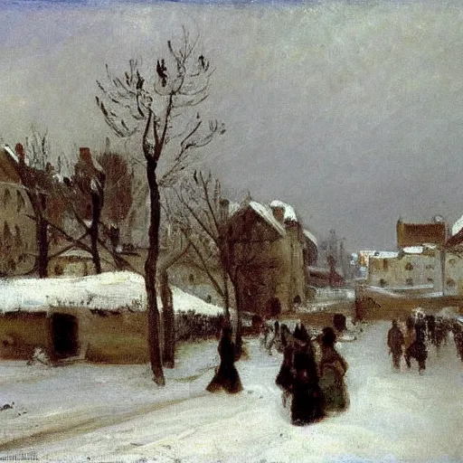 Prompt: A painting of a village during a snow storm, streets, pedestrians, John Singer Sargent, Camille Pissarro