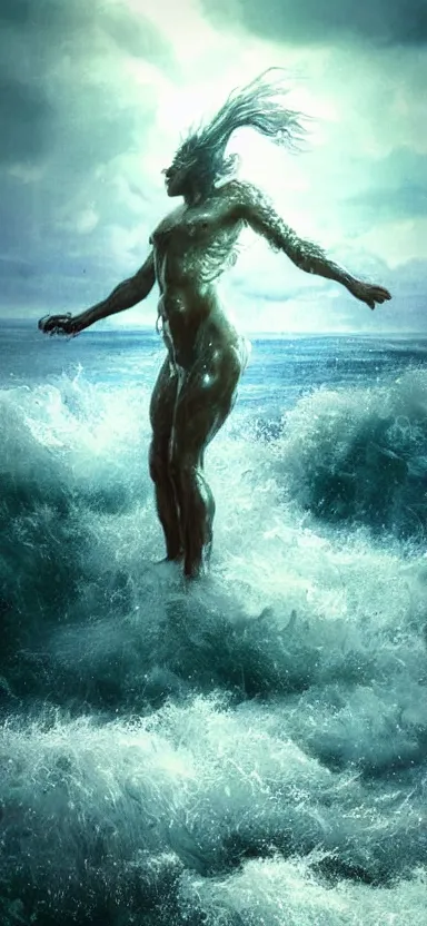 Image similar to monster made of water, made of liquid, rising up from ocean, water armor, high detail, high contrast, medium close up portrait, studio lighting, stormy seas, beautiful, bokeh, snowy, storm clouds, god rays, d & d, fantasy, elegant, aquamarine color palette, concept art, roger deakins and greg rutkowski and alphonse mucha