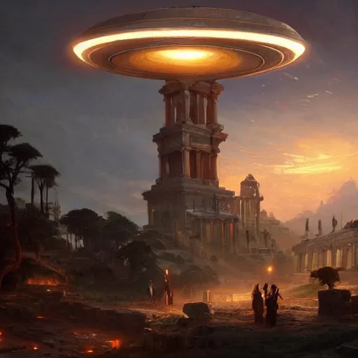 Prompt: Glowing bright UFO at the Plunder of Ancient Rome , by Greg Rutkowski and Thomas Kinkade, trending on artstation 4k, dramatic lighting, intense.