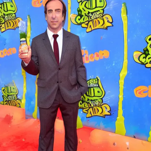 Image similar to Saul Goodman!, covered in green slime!!, ((at the Kid Choice Awards)) , professional photography