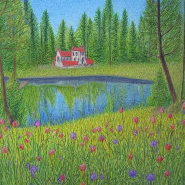 Prompt: monastery in a forest flower meadow with a pond landscape, colored pencil drawing