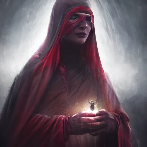 Prompt: fantasy character concept portrait, digital painting, wallpaper of a seer with a red blindfold over her eyes, clothed wearing a cloak of liquid darkness, halo, by aleksi briclot, by laura zalenga, by alexander holllow fedosav, 8 k dop dof hdr, vibrant, mystic dark cave