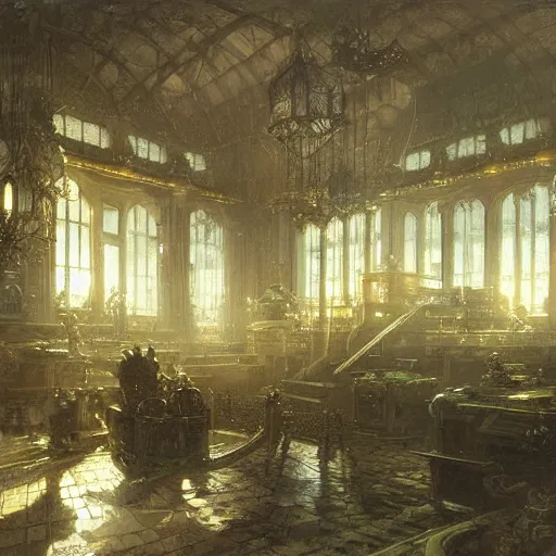 Image similar to detailed painting of a retroscifi interior in 1 9 4 0, filigree ornaments, volumetrics lights, beam of bright lights through the clouds, andreas achenbach