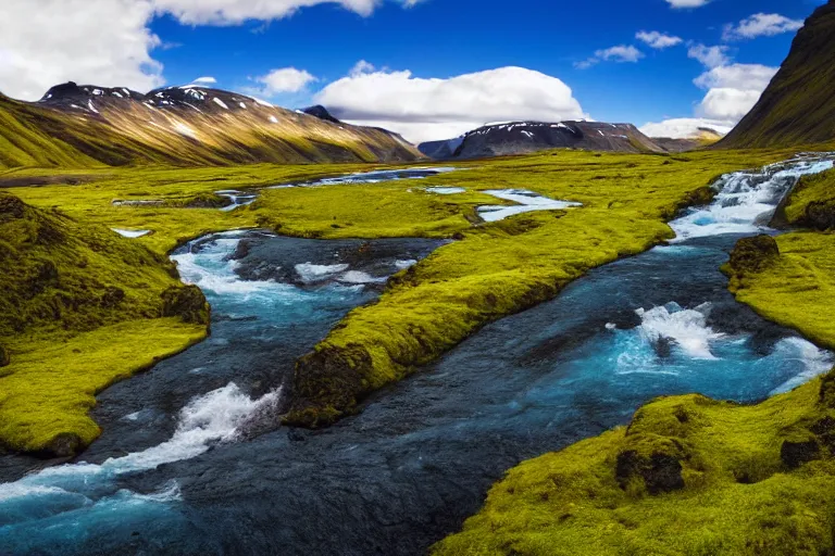 Prompt: far away photo of a landscape with mountains, waterfalls, wallpaper, very very wide shot, blue glacier, iceland, new zeeland, green flush moss, national geographics, professional landscape photography, sunny, day time, beautiful