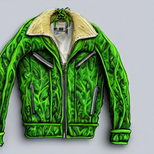 Image similar to jacket made out of cabbage, photorealistic, studio, detailed