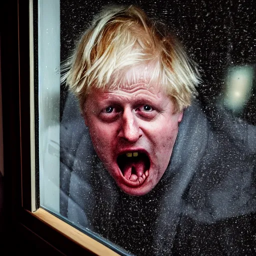 Prompt: photo of the inside of a dark old rainy bedroom window at night, dimly lit creepy | screaming face of boris johnson staring in and pressing his face against the window and his bloody hands pressed against the window, horror, scary face, demonic face,