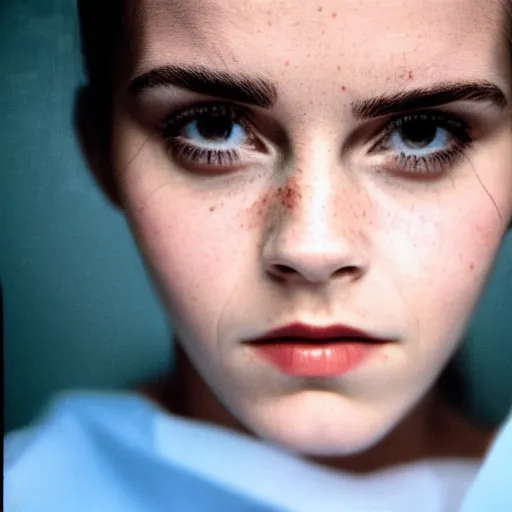 Image similar to emma watson, nurse scrubs, hospital, portrait, angry, mouth open, worms eye view, award winning, kodak ektachrome expired blue tint,