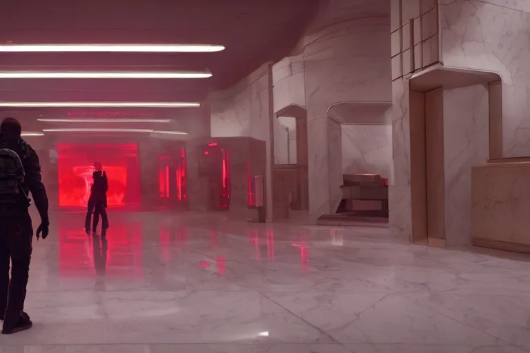 Prompt: Bank interior elegant bank fancy white marble flooring emissive gold glowing, dimly lit volumetric. fire burning smoke, man wearing red jacket. holding rifle tactical. Cyberpunk 2077 man wearing red jacket. blade runner 2049 (2019) movie still 35mm wide angle lens