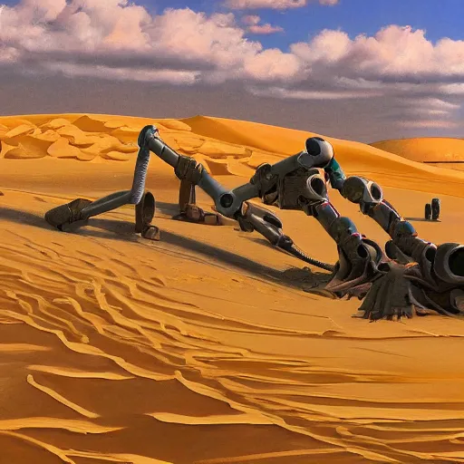 Prompt: painting of a sand landscape, futuristic, wreckage of ten giant, humanoid robots, oasis, 4 k