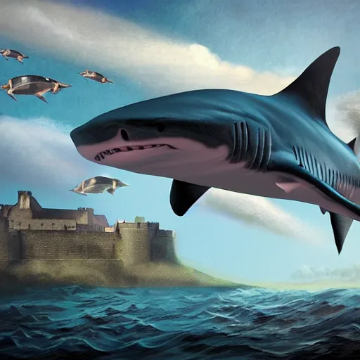 Prompt: sharks swimming above Edinburgh Castle, concept art in style of Greg Rutkowki, dynamic lighting, highly detailed