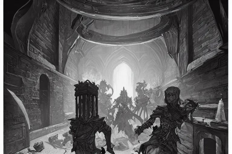 Image similar to black and white one point perspective apothecary dungeon rpg fantasy dungeon hall view by artgerm and Craig Mullins, James Jean, Andrey Ryabovichev, Mark Simonetti and Peter Morbacher 16k