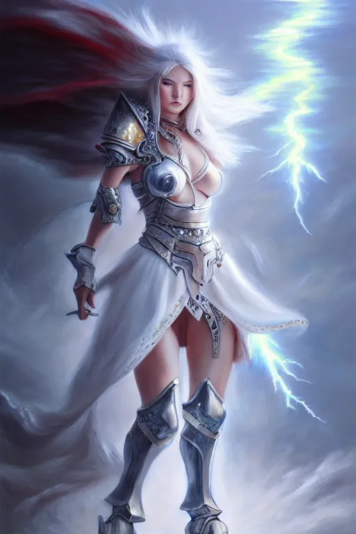 Prompt: oil painting, white, sakimi chan, fantasy armor, detailed face, walking, tony sart, wind, lightning, dramatic lighting