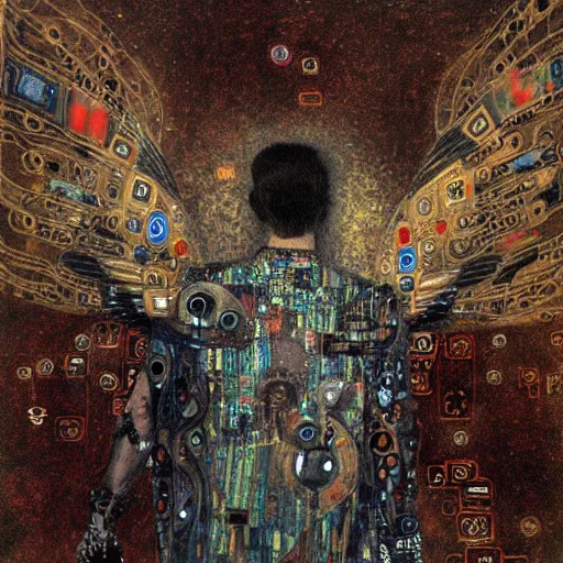 Image similar to winged cybernetic demon trapped in circuitry, intricate detail, klimt, miro, royo, whealan, figure study,