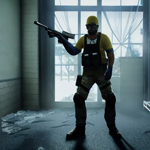 Prompt: walter white holding a machine gun in rainbow six siege, 4 k, highly detailed