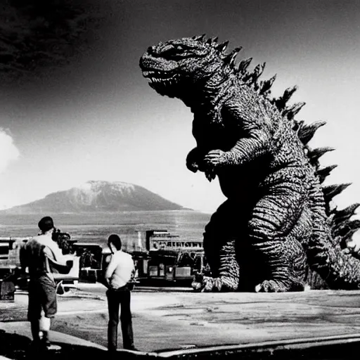 Image similar to extreme wide angle photo of godzilla taking a smoking break between filming setups