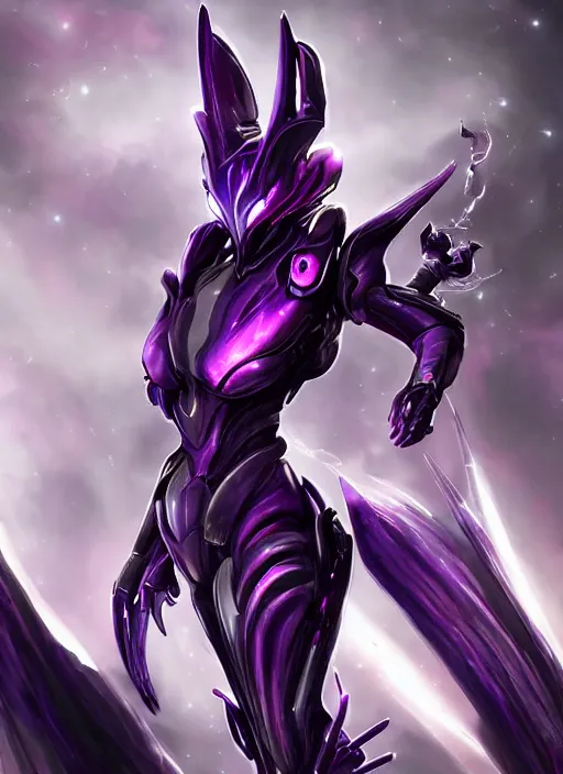 Image similar to cinematic full body, cosmic sized beautiful stunning giant robot mechan hot female dragon goddess, sharp sleek cyborg dragon head, sharp metal ears, smooth purple eyes, smooth fuschia skin, smooth silver armor, nebula, epic proportions, epic scale, macro furry, furry art, dragon art, goddess art, giantess art, warframe, warframe fanart, furaffinity, octane