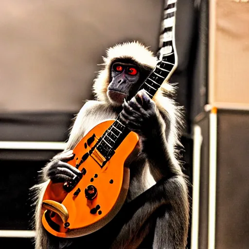 Prompt: monkey shredding electric guitar at metal concert