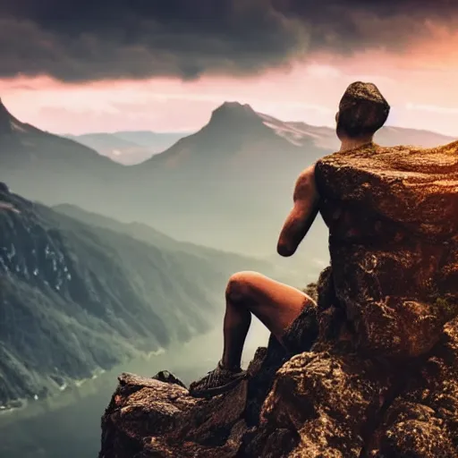 Image similar to a man sitting on top of a beautiful mountain, fantasy landscape, stunning detail, ominous energy in front of him, back shot angle