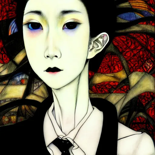 Image similar to yoshitaka amano blurred and dreamy realistic three quarter angle illustration of a young woman with black lipstick and black eyes wearing dress suit with tie, junji ito abstract patterns in the background, satoshi kon anime, noisy film grain effect, highly detailed, renaissance oil painting, weird portrait angle, blurred lost edges