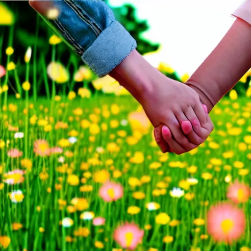 Image similar to a couple holding hands in a field of flowers, symmetrical face, beautiful, vfx, photo realistic, 8 k, aesthetic