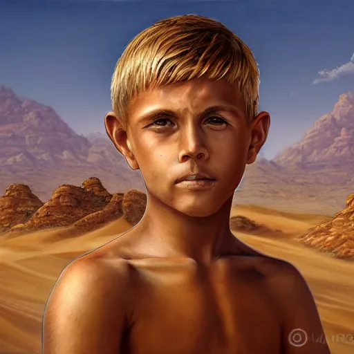 Image similar to a detailed portrait of a tan boy in the desert, fantasy art illustration, incredibly highly detailed and realistic, 8 k, sharp focus