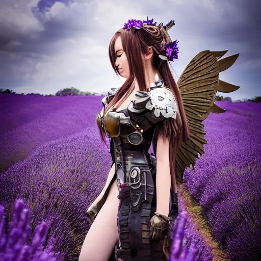 Prompt: steampunk angel anime girl with a halo made out of steam, extremely detailed, hdr, reflective armor, anime, studio ghibli, lush, pretty, long hair, full body portrait, cinematic lighting, sky, grass, clouds, posing, epic, intense, incredible, sunny, lavender flowers, sharp focus,