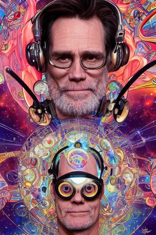 Prompt: jim carrey wearing a magic leap headset emerging from a stargate, by artgerm and yoshitaka amano and moebius and alphonse mucha, hyperdetailed, dc comics, ornate, nebula, explosions in the sky, trending on artstation