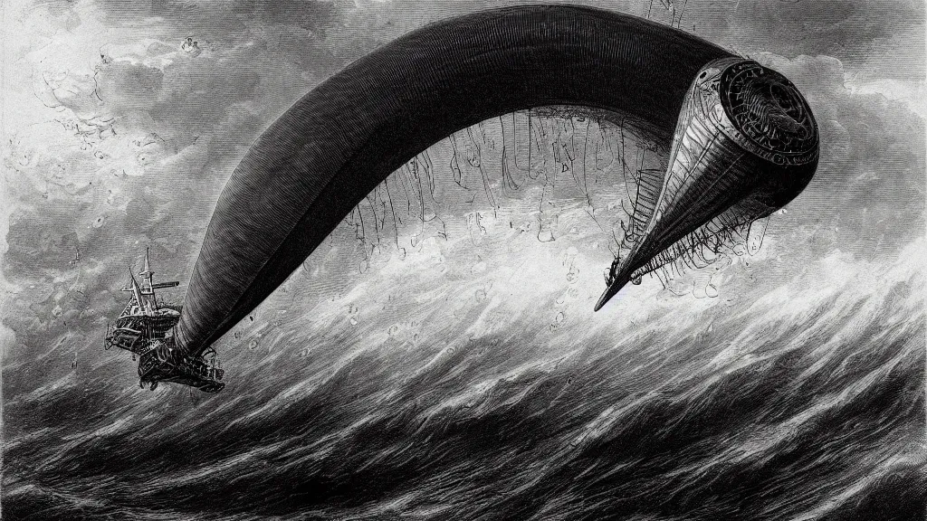 Prompt: drawing of one giant steampunk zeppelin flying above a stormy ocean, by gustave dore, nineteenth century, black and white, vintage, science fiction, epic composition, dramatic lighting, highly detailed, cinematic