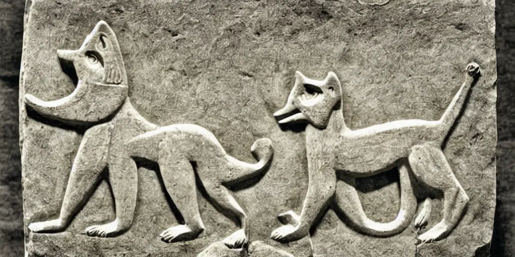 Image similar to anthropomorphic furry wolf depicted in ancient stone carving, 1900s photograph