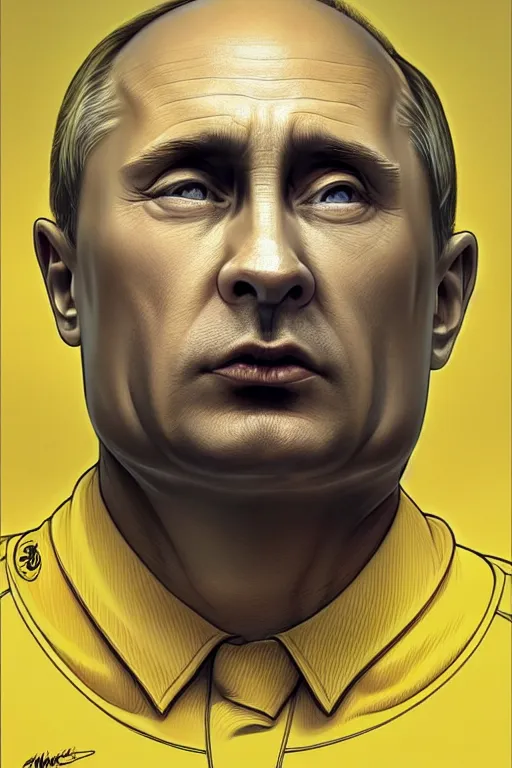 Image similar to vladimir putin as a yellow funny the simpsons character, realistic portrait, symmetrical, highly detailed, digital painting, artstation, concept art, smooth, sharp focus, illustration, cinematic lighting, art by artgerm and greg rutkowski and alphonse mucha