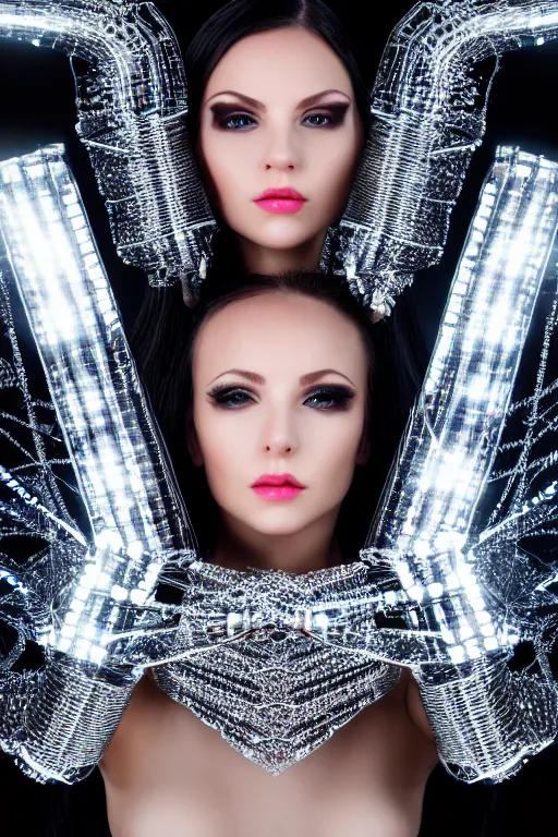Image similar to beautifull cyberpunk woman model, wearing crystal armor, cables, luxury materials, symmetrical, cinematic, elegant, professional studio light, real dlsr photography, sharp focus, 4 k, ultra hd, sense of awe, high fashion
